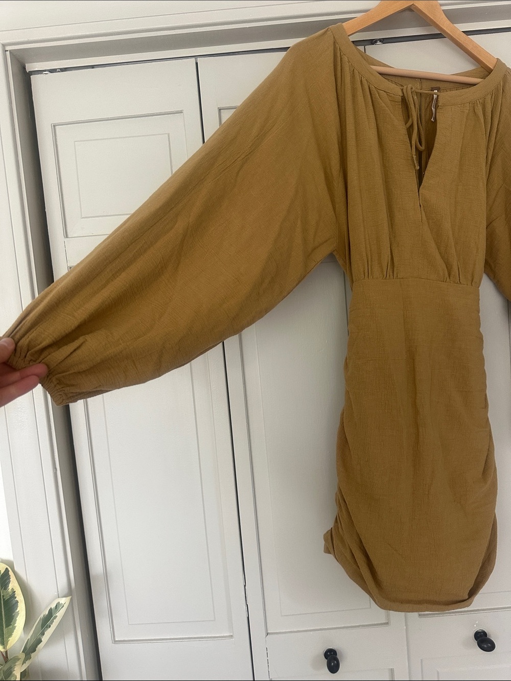 Free People Mustard Long Sleeve Tie-Neck Dress - Picture 5 of 9
